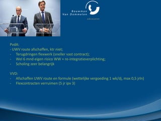 PvdA:
- UWV route afschaffen, ktr niet;
- Terugdringen flexwerk (sneller vast contract);
- Wel 6 mnd eigen risico WW + re-integratieverplichting;
- Scholing zeer belangrijk

VVD:
- Afschaffen UWV route en formule (wettelijke vergoeding 1 wk/dj, max 0,5 jrln)
- Flexcontracten verruimen (5 jr ipv 3)
 