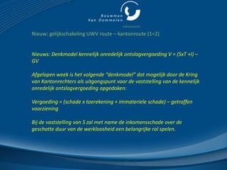 Nieuw: gelijkschakeling UWV route – kantonroute (1=2)


Nieuws: Denkmodel kennelijk onredelijk ontslagvergoeding V = (SxT +I) –
GV

Afgelopen week is het volgende “denkmodel” dat mogelijk door de Kring
van Kantonrechters als uitgangspunt voor de vaststelling van de kennelijk
onredelijk ontslagvergoeding opgedoken:

Vergoeding = (schade x toerekening + immateriele schade) – getroffen
voorziening

Bij de vaststelling van S zal met name de inkomensschade over de
geschatte duur van de werkloosheid een belangrijke rol spelen.
 