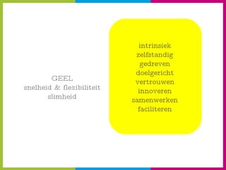 GEEL snelheid & flexibiliteit slimheid intrinsiek zelfstandig gedreven doelgericht vertrouwen innoveren samenwerken faciliteren 