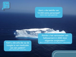Kent u die belofte van
                                           12.000 extra personeel?
                                             (tijdens deze regeringsperiode)




                                                Kende u het vermoeden van
                                                 faillissement in 2060 door
                                                   stijgende zorgkosten?
Kent u die arts die op de                    (Bron: Kredietbeoordelaar Standard&Poors | Adjiedj Bakas)

hoogte is van medicatie
   van zijn patiënt?
   (Bron: Meldactie NPCF, voorjaar 2011)
 