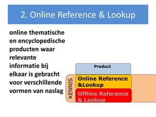 2. Online Reference & Lookup
online thematische
en encyclopedische
producten waar
relevante
informatie bij                     Product

elkaar is gebracht
                              Online Reference
                     KENNIS

voor verschillende            &Lookup
vormen van naslag             Offline Reference
                              & Lookup
 
