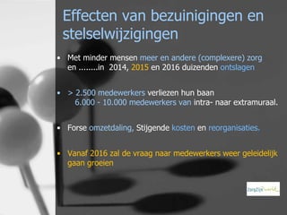 Effecten van bezuinigingen en
stelselwijzigingen
• Met minder mensen meer en andere (complexere) zorg
en ........in 2014, 2015 en 2016 duizenden ontslagen
• > 2.500 medewerkers verliezen hun baan
6.000 - 10.000 medewerkers van intra- naar extramuraal.
• Forse omzetdaling, Stijgende kosten en reorganisaties.
• Vanaf 2016 zal de vraag naar medewerkers weer geleidelijk
gaan groeien

 