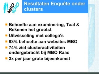 Resultaten Enquête onder clusters Behoefte aan examinering, Taal & Rekenen het grootst Uitwisseling met collega’s 93% behoefte aan websites MBO 74% ziet clusteractiviteiten ondergebracht bij MBO Raad 3x per jaar grote bijeenkomst 