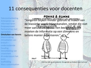 TalentontwikkelingAnticiperen op informeel lerenEmpowermentPartnerschap met opvoedersOntsluiten van kennisMatchmakingOntwikkelen van kritisch – onderzoekende houdingOntwikkeling van creativiteitAI ondersteunt het lerenScaffoldingMass customisation11 consequenties voor docenten“Jongeren blijken minder gebruik te makenvan de klassieke voorlichtingskanalen, omdatdie niet meer aansluiten bij wat hen bezighoudt. We moeten de informatie op een slimmereen betere manier organiseren.”ReneVoogtLiaison officer Universiteit van Tilburg,2020 Een blik op de toekomst: De agenda van Brabant voor techniek'
