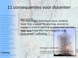 TalentontwikkelingAnticiperen op informeel lerenEmpowermentPartnerschap met opvoedersOntsluiten van kennisMatchmakingOntwikkelen van kritisch – onderzoekende houdingOntwikkeling van creativiteitAI ondersteunt het lerenScaffoldingMass customisation11 consequenties voor docenten“For meaningful learning to occur, students need, first, a reason for learning; second, to engage in a set of learningactivities that can help them to achieve their learning goals; and third, proper scaffolding...”Chien-Sing Lee & Janet KolodnerScaffolding students’ development of creative design skills: A curriculum reference model'