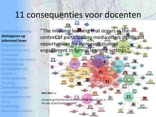 TalentontwikkelingAnticiperen op informeel lerenEmpowermentPartnerschap met opvoedersOntsluiten van kennisMatchmakingOntwikkelen van kritisch – onderzoekende houdingOntwikkeling van creativiteitAI ondersteunt het lerenScaffoldingMass customisation11 consequenties voor docenten“The informallearningthatoccurs in the context of participatory media offers significant opportunitiesforincreased student engagement in formallearning settings.”Glen Bull e.a.Connectinginformal and formallearning: Experiences in the age of participatory media'