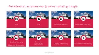 Merkidentiteit: essentieel voor je online marketingstrategie
SEO SEA Affiliate marketing
Display Advertising
Conversie-
optimalisatie
Emailmarketing &
Marketing Automation
Marketplace advertising
Social Media Advertising
 