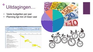 +
Uitdagingen…
• Vaste budgetten per jaar
• Planning ligt min of meer vast
 