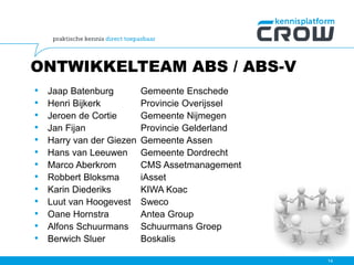 ONTWIKKELTEAM ABS / ABS-V
• Jaap Batenburg Gemeente Enschede
• Henri Bijkerk Provincie Overijssel
• Jeroen de Cortie Gemeente Nijmegen
• Jan Fijan Provincie Gelderland
• Harry van der Giezen Gemeente Assen
• Hans van Leeuwen Gemeente Dordrecht
• Marco Aberkrom CMS Assetmanagement
• Robbert Bloksma iAsset
• Karin Diederiks KIWA Koac
• Luut van Hoogevest Sweco
• Oane Hornstra Antea Group
• Alfons Schuurmans Schuurmans Groep
• Berwich Sluer Boskalis
14
 