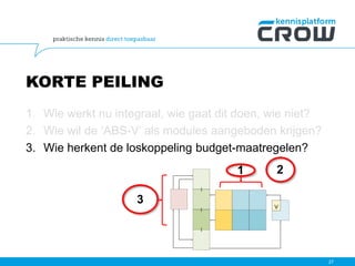KORTE PEILING
27
1. Wie werkt nu integraal, wie gaat dit doen, wie niet?
2. Wie wil de ‘ABS-V’ als modules aangeboden krijgen?
3. Wie herkent de loskoppeling budget-maatregelen?
V
1 2
3
 