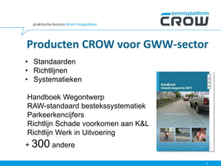 • Standaarden
• Richtlijnen
• Systematieken
Handboek Wegontwerp
RAW-standaard bestekssystematiek
Parkeerkencijfers
Richtlijn Schade voorkomen aan K&L
Richtlijn Werk in Uitvoering
+ 300 andere
Producten CROW voor GWW-sector
3
 