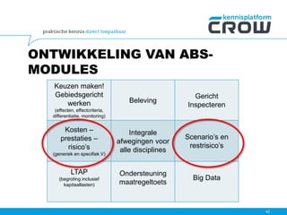 ONTWIKKELING VAN ABS-
MODULES
42
Keuzen maken!
Gebiedsgericht
werken
(effecten, effectcriteria,
differentiatie, monitoring)
Beleving
Gericht
Inspecteren
Kosten –
prestaties –
risico’s
(generiek en specifiek V)
Integrale
afwegingen voor
alle disciplines
Scenario’s en
restrisico’s
LTAP
(begroting inclusief
kapitaallasten)
Ondersteuning
maatregeltoets
Big Data
 