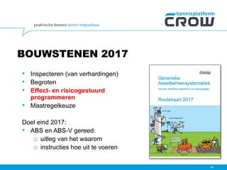 BOUWSTENEN 2017
• Inspecteren (van verhardingen)
• Begroten
• Effect- en risicogestuurd
programmeren
• Maatregelkeuze
Doel eind 2017:
• ABS en ABS-V gereed:
o uitleg van het waarom
o instructies hoe uit te voeren
44
 