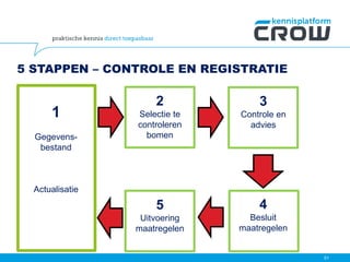 5 STAPPEN – CONTROLE EN REGISTRATIE
1
Gegevens-
bestand
Actualisatie
2
Selectie te
controleren
bomen
3
Controle en
advies
4
Besluit
maatregelen
5
Uitvoering
maatregelen
51
 