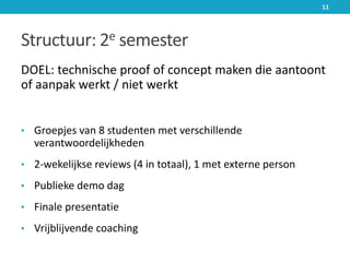 Structuur: 2e semester
DOEL: technische proof of concept maken die aantoont
of aanpak werkt / niet werkt
• Groepjes van 8 studenten met verschillende
verantwoordelijkheden
• 2-wekelijkse reviews (4 in totaal), 1 met externe person
• Publieke demo dag
• Finale presentatie
• Vrijblijvende coaching
11
 