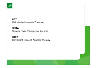 MIT
Melodische Intonatie Therapie

SMTA
Speech-Music Therapy for Aphasia

CIAT
Constraint Induced Aphasia Therapy
 