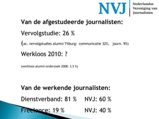 Van de afgestudeerde journalisten: Vervolgstudie: 26 % ( ac. vervolgstudies alumni Tilburg:   communicatie 32%,  journ. 9%)  Werkloos 2010: ? (werkloos alumni-onderzoek 2008: 3,5 %)   Van de werkende journalisten: Dienstverband: 81 %  NVJ: 60 %  Freelance: 19 % NVJ: 40 % 