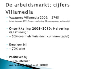 De arbeidsmarkt; cijfers Villamedia Vacatures Villamedia 2009:  2745 (print, internet, RTV, Comm., marketing, PR, vormgeving, multimedia)  Ontwikkeling 2008-2010: Halvering vacatures;  : - 50% over hele linie (incl. communicatie!) Ernstiger bij:  - 70% print Positiever bij  - 30% internet marketing stijgt met 100%!  
