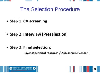 The Selection Procedure Step 1:  CV screening   Step 2:  Interview (Preselection) Step 3:  Final selection:  Psychotechnical research / Assessment Center 