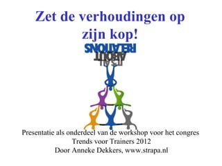Zet de verhoudingen op
           zijn kop!




Presentatie als onderdeel van de workshop voor het congres
                  Trends voor Trainers 2012
           Door Anneke Dekkers, www.strapa.nl
 
