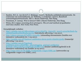  Sanden, M.C.A. van der & F.J. Meijman. (2007). Medische publiekdcommunicatie. De
  contouren van systeemtheorie. In: Willems, J. (redactie). (2007). Basisboek
  wetenschapscommunicatie. hfd 11. Boom Onderwijs, Den Haag.
 Teunissen, F. (2005). Wat is nieuws? (hfd 1) Boom Onderwijs, Den Haag.
 Weiss, R.S. (1994). Learning from strangers. The art and method of qualitative
  interview studies. New York, Free Press.

Geraadpleegde websites:
 http://zembla.vara.nl/Afleveringen.1973.0.html?tx_ttnews[tt_news]=43247&cHash=ba
  3d2de6f3928c20bbcfd35f419ac159 (introductie aflevering 7-05-2011).
 http://player.omroep.nl/?aflID=12522861 (uitzending documentaire Zembla over
  intensieve veehouderij d.d. 7-05-2011).
 http://zembla.vara.nl/Opnieuw-antibiotica-alarm.9206.0.html#c33080 (transcript
  aflevering 7-05-2011).
 http://zembla.vara.nl/Tagcloud-
  resultaten.3000.0.html?&tx_alternettagging_pi1[tag]=antibiotica
  &cHash=1d9ee44b763124ba69cde1abdf8e7c9d (dossier antibioticagebruik in de
  intensieve veehouderij van Zembla 19-05-2011).
 http://www.rivm.nl/cib/ESBL/Veelgestelde-vragen-ESBL.jsp (antwoorden op
  veelgestelde vragen over ESBL), 2011.
 
