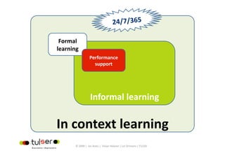 24/7/365 

 Formal 
learning 
                  Performance 
                    support 




                   Informal learning 

In context learning 
        © 2009 |  Jos Arets |  Vivian Heijnen | Lei Ortmans | TU220 
 