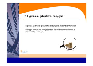3. Eigenaren / gebruikers / beleggers
...


 Eigenaar / gebruiker gebruikt het bedrijfspand als een bedrijfsmiddel.

 Belegger gebruikt het bedrijfspand als een middel om rendement te
 maken op het vermogen.




                                                                          11
 