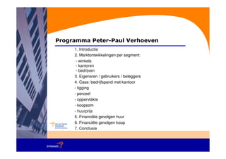 Programma Peter-Paul Verhoeven
     1. Introductie
     2. Marktontwikkelingen per segment:
      - winkels
      - kantoren
      - bedrijven
     3. Eigenaren / gebruikers / beleggers
     4. Case: bedrijfspand met kantoor
     - ligging
     - perceel
     - oppervlakte
     - koopsom
     - huurprijs
     5. Financiële gevolgen huur
     6. Financiële gevolgen koop
     7. Conclusie
 