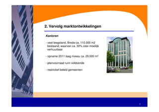 2. Vervolg marktontwikkelingen

Kantoren

- veel leegstand, Breda ca. 110.000 m2
  bestaand, waarvan ca. 30% zeer moeilijk
  verhuurbaar

- opname 2011 laag niveau ca. 29.000 m²

- planvoorraad ruim voldoende

- restrictief beleid gemeenten




                                            7
 
