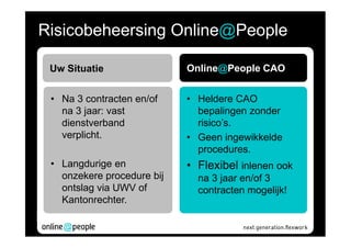 Risicobeheersing Online@People

 Uw Situatie                Online@People CAO


 • Na 3 contracten en/of    • Heldere CAO
   na 3 jaar: vast            bepalingen zonder
   dienstverband              risico’s.
   verplicht.               • Geen ingewikkelde
                              procedures.
 • Langdurige en            • Flexibel inlenen ook
   onzekere procedure bij     na 3 jaar en/of 3
   ontslag via UWV of         contracten mogelijk!
   Kantonrechter.
 