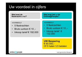 Uw voordeel in cijfers
 Wat kost de                 Wat kost het u via
 flexkracht u nu?            Online@People?


 VOORBEELD                   VOORBEELD

 • 5 flexkrachten            • 5 flexkrachten
 • Bruto uurloon € 10 ,-     • Bruto uurloon € 10 ,-
 • Inkoop tarief € 192.000   • Inkoop tarief €
                               132.000


                             UW Besparing
                             € 60.000,-
                             Of 5 halen 3,5 betalen
 