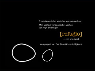 Presenteren	is	het	vertellen	van	een	verhaal	
Mijn	verhaal	vandaag	is	het	verhaal		
van	mijn	ervaring	in	
…	een	schuilplek	
	
een	project	van	Eva	Blaak	&	Leonie	Dijkema		
[refugio]
	
 
