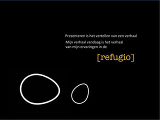 Presenteren	is	het	vertellen	van	een	verhaal	
[refugio]
	
Mijn	verhaal	vandaag	is	het	verhaal		
van	mijn	ervaringen	in	de		
 