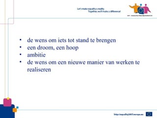 •   de wens om iets tot stand te brengen
•   een droom, een hoop
•   ambitie
•   de wens om een nieuwe manier van werken te
    realiseren
 