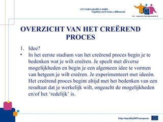 OVERZICHT VAN HET CREËREND
          PROCES
1. Idee?
• In het eerste stadium van het creërend proces begin je te
   bedenken wat je wilt creëren. Je speelt met diverse
   mogelijkheden en begin je een algemeen idee te vormen
   van hetgeen je wilt creëren. Je experimenteert met ideeën.
   Het creërend proces begint altijd met het bedenken van een
   resultaat dat je werkelijk wilt, ongeacht de mogelijkheden
   en/of het ‘redelijk’ is.
 