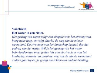 Voorbeeld
Het water in een rivier.
Het gedrag van water volgt een simpele wet: het stroomt van
hoog naar laag, en volgt daarbij de weg van de minste
weerstand. De structuur van het landschap bepaalt dus het
gedrag van het water. Wil je het gedrag van het water
beïnvloeden dan moet je dus iets aan de structuur van het
landschap veranderen zodat de weg van de minste weerstand
anders gaat lopen, je graaft misschien een andere bedding.
 