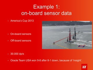 Example 1: 
on-board sensor data 
• America’s Cup 2013 
• On-board sensors 
• Off-board sensors 
• 30.000 dp/s 
• Oracle Team USA won 9-8 after 8-1 down, because of ‘insight’. 
 