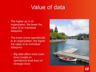 Value of data 
• The higher up in an 
organization, the lower the 
value of an individual 
datapoint. 
• The lower (more operational) 
in an organization, the higher 
the value of an individual 
datapoint. 
• Big data offers more (real-time) 
insight on 
operational level than on 
strategic level. 
 