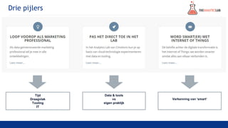 Drie pijlers
Tijd
Draagvlak
Tooling
IT
Data & tools
vs
eigen praktijk
Verkenning van ‘smart’
 