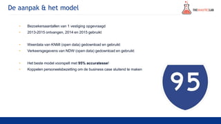 De aanpak & het model
• Bezoekersaantallen van 1 vestiging opgevraagd
• 2013-2015 ontvangen, 2014 en 2015 gebruikt
• Weerdata van KNMI (open data) gedownload en gebruikt
• Verkeersgegevens van NDW (open data) gedownload en gebruikt
• Het beste model voorspelt met 95% accuratesse!
• Koppelen personeelsbezetting om de business case sluitend te maken
 