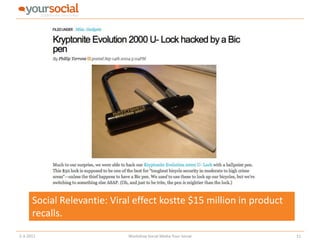 Social Relevantie: Viral effect kostte $15 million in product
      recalls.
2-3-2011                     Workshop Social Media Your Social        11
 