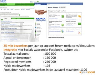 25 mio bezoekers per jaar op support forum nokia.com/discussions
Integratie met Socials waaronder Facebook, twitter etc
Totaal aantal posts          : 800 000
Aantal onderwerpen           : 160 000
Registered members           : 260 000
Nokia medewerkers            : 105
Posts door Nokia medewerkers in de laatste 6 maanden: 1100
 