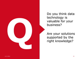 15-06-15 28
SCALE YOUR
KNOW HOW!
Knowledge
• Domain knowledge
• Big data technology
• Regulations
• Customer Journeys
 