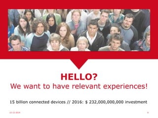 Long-term strategic value
Improved reputation and customer
experience and agile competitive
advantage
Short-term operational value
New business opportunities, more
efficient marketing processes, smarter
decision making, time and cost reduction
and guaranteed data control
BUSINESS
VALUE
15-06-15 6
 