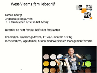 West-Vlaams familiebedrijf
Familie bedrijf
3e generatie Bossuyten
 7 familieleden actief in het bedrijf
Directie: de helft familie, helft niet-familianten
Kenmerken: waardengedreven, LT visie, mentale rust bij
medewerkers, lage dempel tussen medewerkers en management/directie

10

 