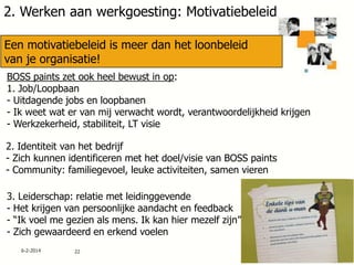 2. Werken aan werkgoesting: Motivatiebeleid
Een motivatiebeleid is meer dan het loonbeleid
van je organisatie!
BOSS paints zet ook heel bewust in op:
1. Job/Loopbaan
- Uitdagende jobs en loopbanen
- Ik weet wat er van mij verwacht wordt, verantwoordelijkheid krijgen
- Werkzekerheid, stabiliteit, LT visie
2. Identiteit van het bedrijf
- Zich kunnen identificeren met het doel/visie van BOSS paints
- Community: familiegevoel, leuke activiteiten, samen vieren
3. Leiderschap: relatie met leidinggevende
- Het krijgen van persoonlijke aandacht en feedback
- “Ik voel me gezien als mens. Ik kan hier mezelf zijn”.
- Zich gewaardeerd en erkend voelen
6-2-2014

22

 