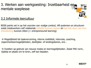 3. Werken aan werkgoesting: Inzetbaarheid en
mentale soeplesse
3.2 Informele leercultuur
BOSS paints zet in op het voorzien van nodige context, HR systemen en structuren
zodat medewerkers zelf voldoende initiatief kunnen nemen en aan het stuur van hun
ontwikkeling kunnen zitten (= entrepreneurial learning)
 Mogelijkheid tot taakverruiming, interne mobiliteit, intervisie, coaching,
experimenteermogelijkheden, deeltijdse- of landingsbanen, enz…
 Inzetten op gebruik van nieuwe media en leermogelijkheden. Zodat MW vorm,
tijdstip en plaats om te leren, zelf kan bepalen.

25

 