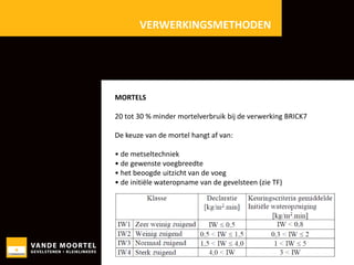 VERWERKINGSMETHODEN

MORTELS
20 tot 30 % minder mortelverbruik bij de verwerking BRICK7

De keuze van de mortel hangt af van:
• de metseltechniek
• de gewenste voegbreedte
• het beoogde uitzicht van de voeg
• de initiële wateropname van de gevelsteen (zie TF)

 
