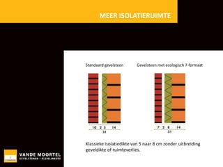 MEER ISOLATIERUIMTE

Standaard gevelsteen

Gevelsteen met ecologisch 7-formaat

Klassieke isolatiedikte van 5 naar 8 cm zonder uitbreiding
geveldikte of ruimteverlies.

 