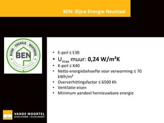 BEN: Bijna Energie Neutraal

• E-peil ≤ E30

• Umax muur: 0,24 W/m²K

• K-peil ≤ K40
• Netto energiebehoefte voor verwarming ≤ 70
kWh/m²
• Oververhittingsfactor ≤ 6500 Kh
• Ventilatie-eisen
• Minimum aandeel hernieuwbare energie

 